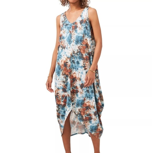 Vince Camuto Asymmetrical V Neck Handkerchief Hem Midi Dress - Picture 1 of 8
